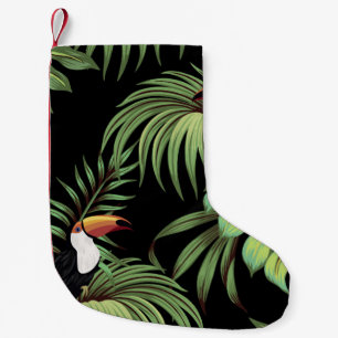 Tropisk vintage toucan, handflatan löv blommigt se liten julstrumpa