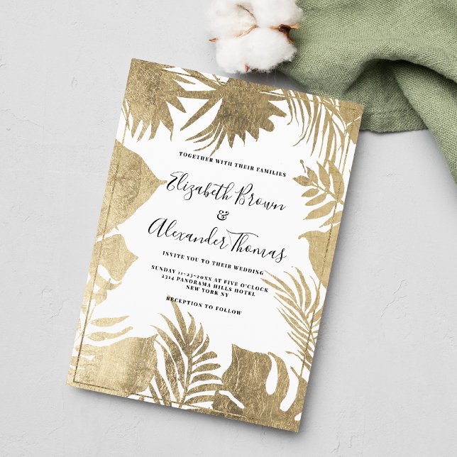 Tropisk vit guld löv ram blommigt bröllop inbjudningar (Tropical white gold leaf frame floral wedding)