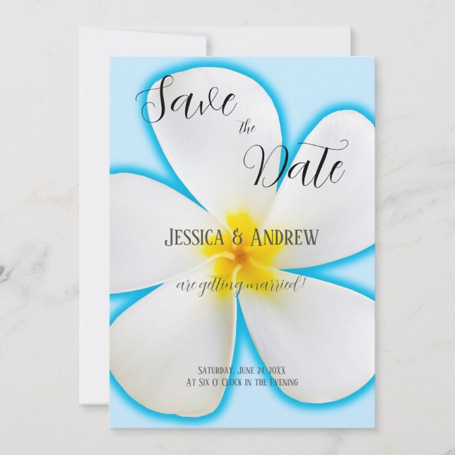 Tropisk, vit Plumeria på blå, blomster-, bröllop Spara Datumet (Framsida)