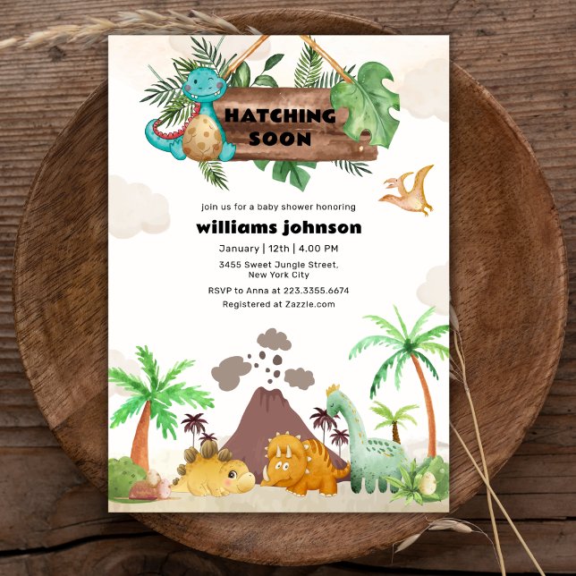 Tropisk vulkan som kläcks dinosaurie baby shower  inbjudningar (Tropical Volcano Hatching Dinosaur Baby Shower Invitation)