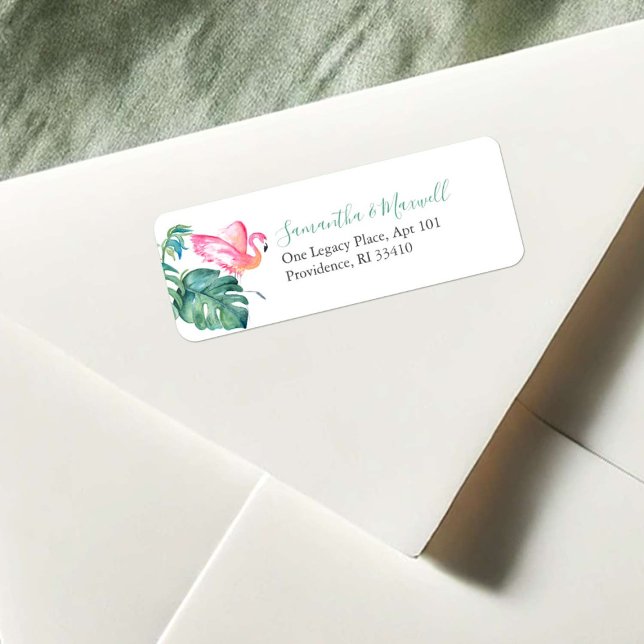 Tropiska Adressetiketter för vattenfärg vid Rosa F Returadress Etikett (return address labels tropical watercolor pink flamingo art Victoria Grigaliunas Do Tell A Belle)
