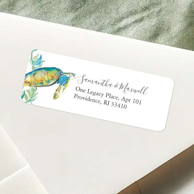 Tropiska akvarell havssköldpaddor adressetiketter returadress etikett (Sea turtle return address labels watercolor tropical art by Victoria Grigaliunas Do Tell A Belle)