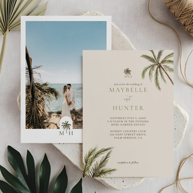 Tropiska akvarell palmträd Boho bröllopsfoto Inbjudningar (Tropical Watercolor Palm Trees Boho Wedding Photo Invitation)