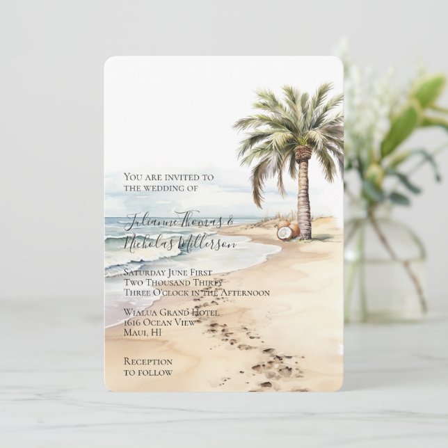 Tropiska Aloha Beach Coconuts Handflatan Träd Bröl Inbjudningar (Stående Fram)