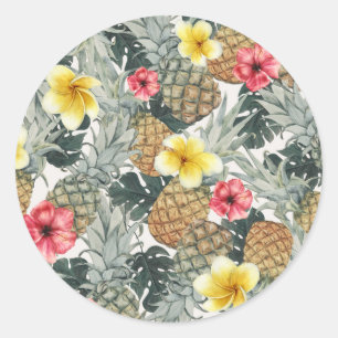 Tropiska Ananas Blommor Blad Exotisk Fest Runt Klistermärke