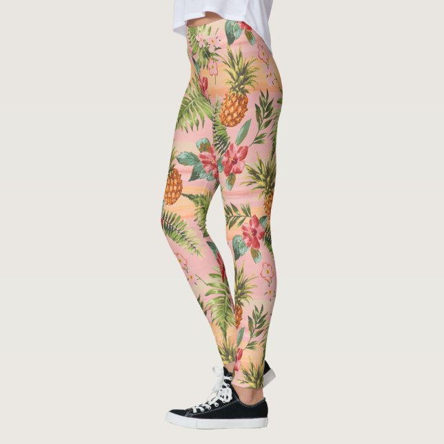 Tropiska ananas Frukt Blommigten Rand Mönster Leggings (Vänster)