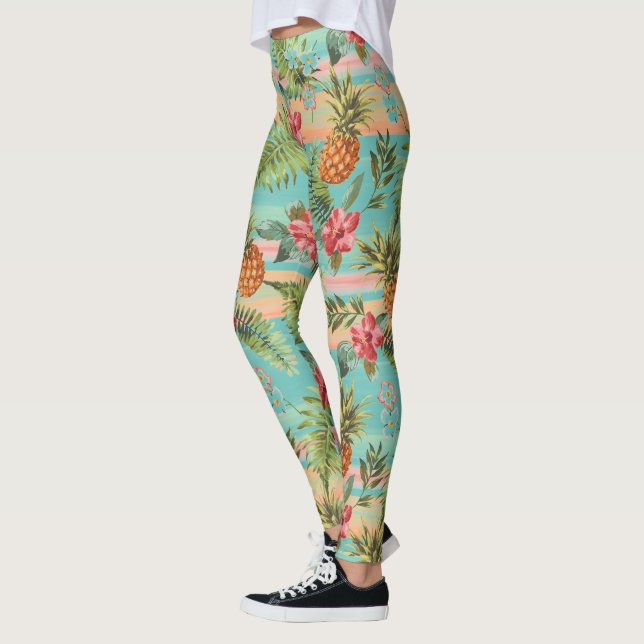 Tropiska ananas Frukt Blommigten Rand Mönster Leggings (Vänster)