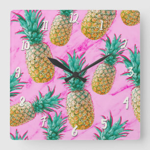 Tropiska ananas och Rosa Marble Colorful Fyrkantig Klocka