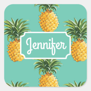Tropiska ananas på kricka tillfogar ditt namn fyrkantigt klistermärke