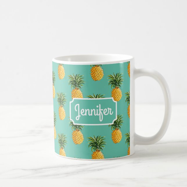 Tropiska ananas på kricka | tillfogar ditt namn kaffemugg (Höger)