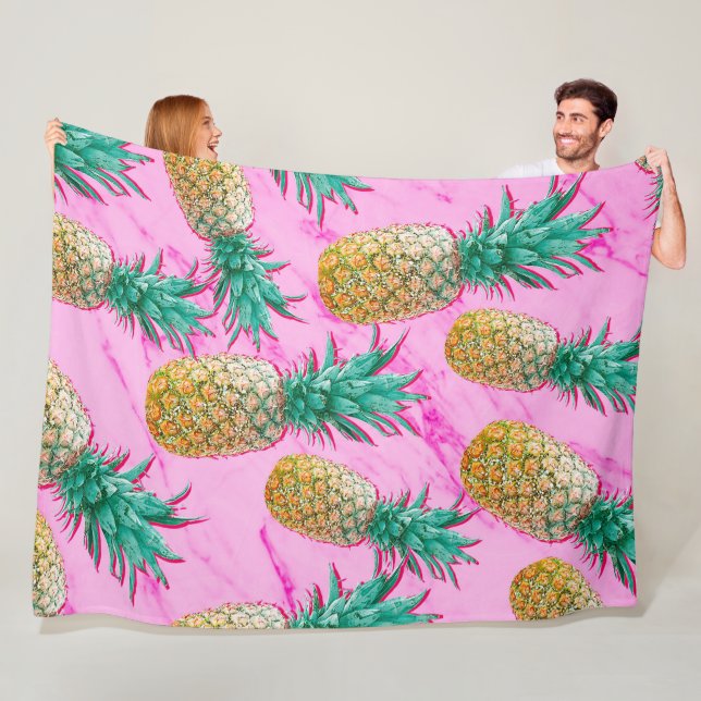 Tropiska Ananas & Rosa Marmor Modern Färgrik Fleecefilt (På plats)