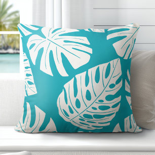 Tropiska Aqua Blue White Handflatan Monstera Löv Kudde