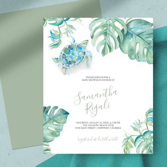 Tropiska babyskor bjuder in sköldpadda i Teal Sea (Tropical baby shower invitations features a watercolor teal sea turtle with green monstera leaves)