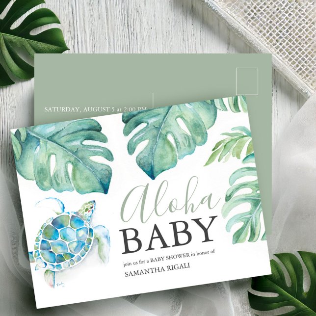 Tropiska babyvyinbjudningar Aloha-vykort Vykort (Tropical baby shower invitation postcard watercolor sea turtle palm leaf art by Victoria Grigaliunas)