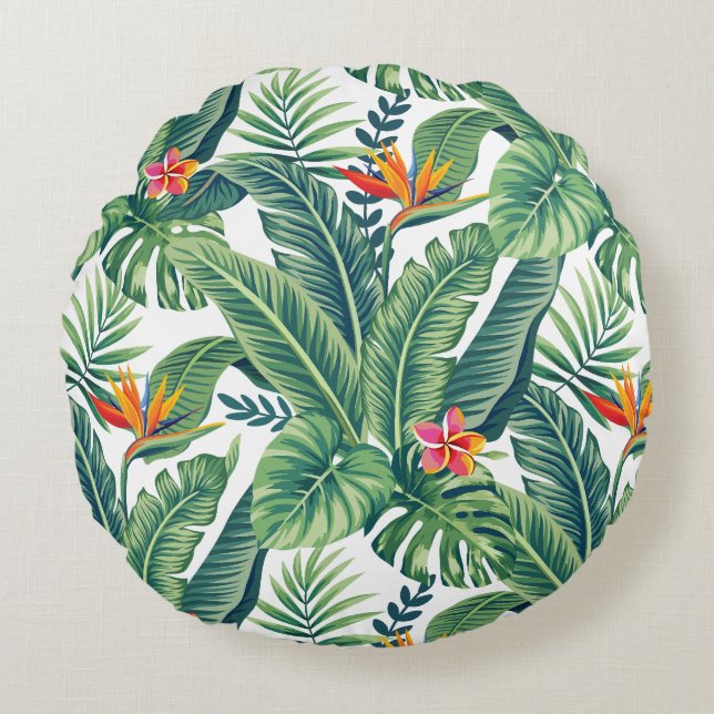 Tropiska Banana Monstera Handflatan Lövs & Flowers Rund Kudde (Framsidan)