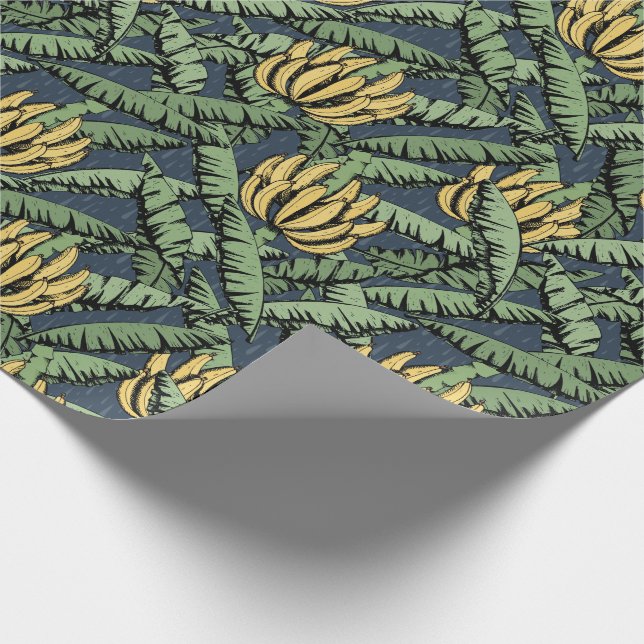 Tropiska bananblad Marinblått presentpapper  (Hörn)
