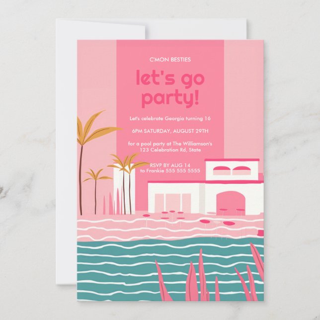 Tropiska Bassäng Party Retro Rosa Birthday Inbjudningar (Framsida)