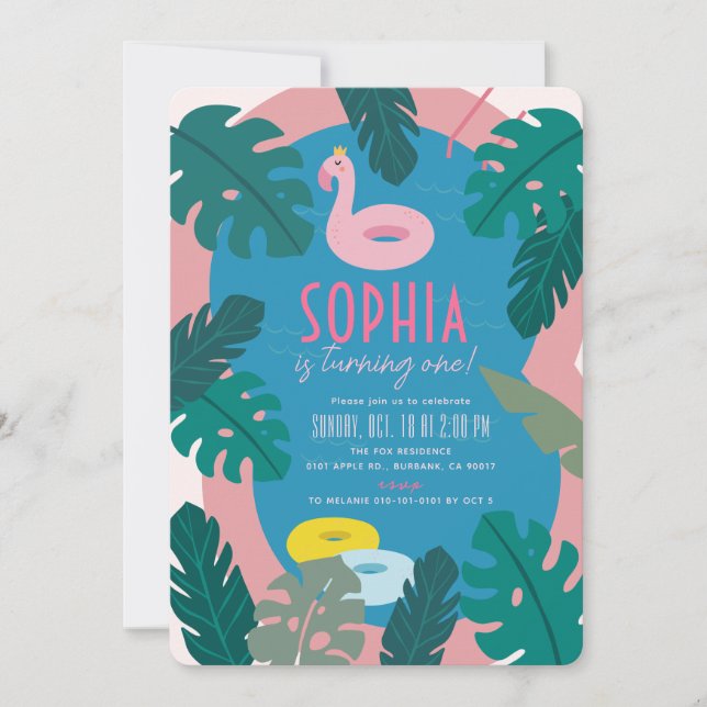 Tropiska Bassäng Party Rosa Girl 1:a födelsedagen Inbjudningar (Framsida)