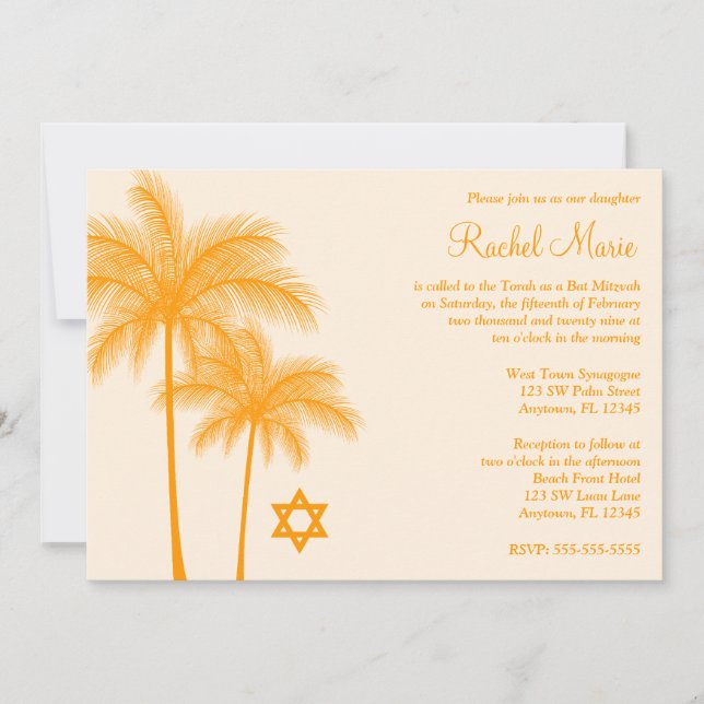 Tropiska Bat mitzvah inbjudningar till orange Träd (Framsida)