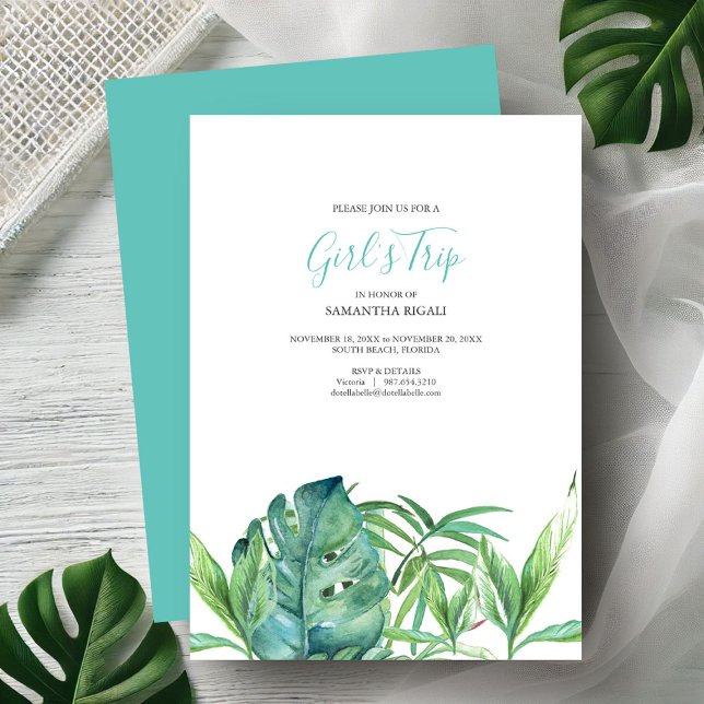 Tropiska Beach Bachelorette-partiets inbjudningar (Bachelorette party invitations watercolor tropical monstera palm leave art by Victoria Grigaliunas)