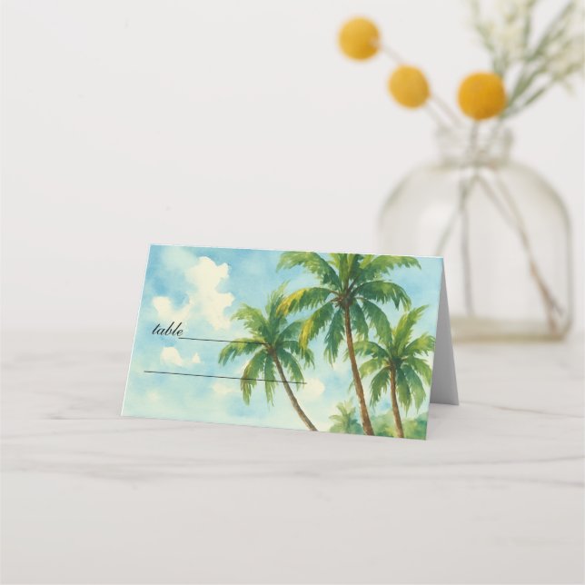 Tropiska Beach-ön Handflatan Träd Bröllop Placeringskort (Framsida)