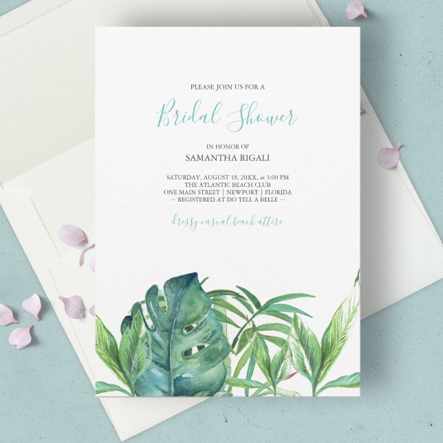 Tropiska Beach Turcos Handflatan Watercolor Möhipp (Tropical bridal shower invitations feature watercolor palm leaf art. )