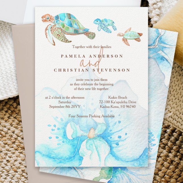 Tropiska blå orkidéer och sjösköldpaddor Bröllop Inbjudningar (sea turtle wedding invitation, blue watercolor orchid, tropical malibu blue, beach wedding, ocean)