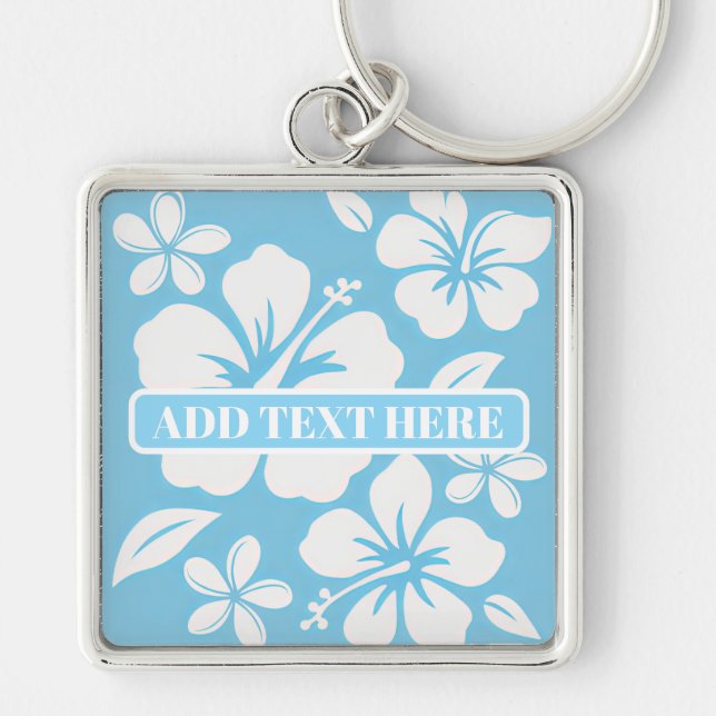 Tropiska blå persikoblommor fyrkantig silverfärgad nyckelring (Framsidan)