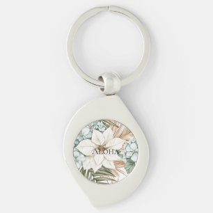 Tropiska Blå Vita Blommor Bröllop Swirl Silverfärgad Nyckelring