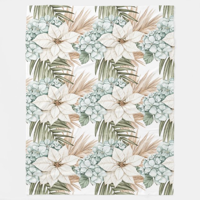Tropiska Blå Vita Blommor   Fleecefilt (Framsidan)