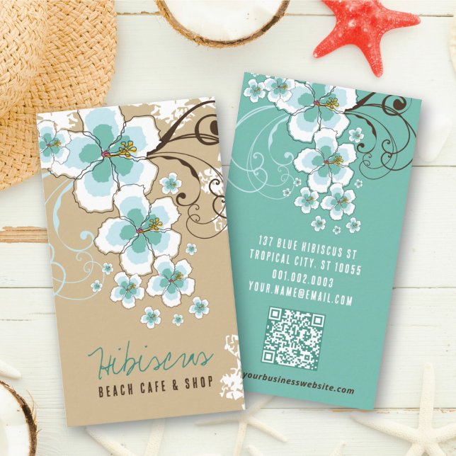 Tropiska blåblåblåskrubbor och rossaxar visitkort (Tropical Blue Hibiscus Flowers And Swirls Rustic Business Card @ fatfatin_design)