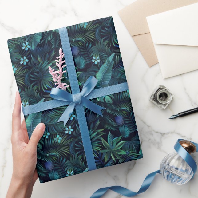 Tropiska blad blåa blommor presentpapper (Gifting)