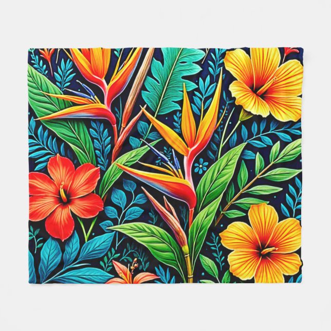 Tropiska blad blommar konst fleecefilt (Framsidan (Horisontell))