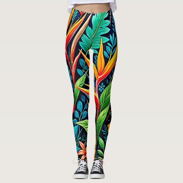 Tropiska blad blommar konst leggings (Framsida)