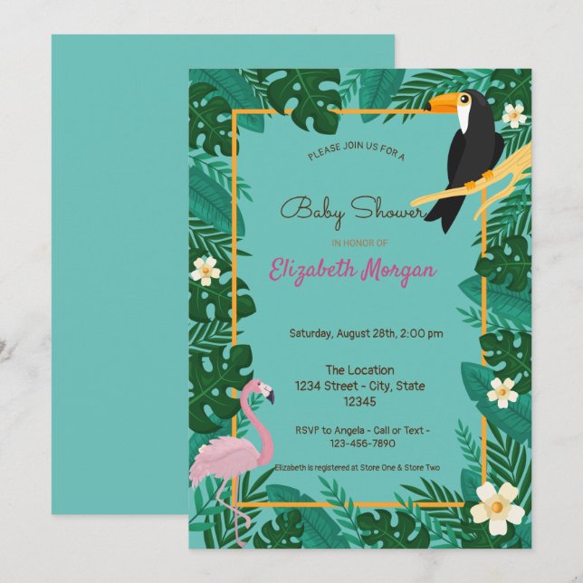 Tropiska blad, blommor, flamingo baby shower inbjudningar (Fram/baksida)