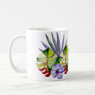 Tropiska blad blommor Hawaii färgrik akvarell Kaffemugg