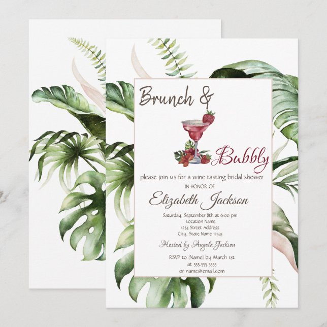 Tropiska blad Cocktailbrunch & bubbelvin Inbjudningar (Fram/baksida)