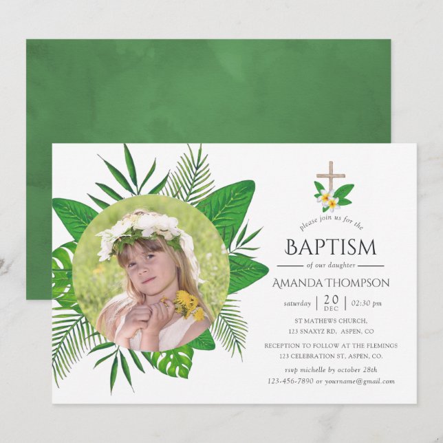 Tropiska blad dop inbjudningar (Fram/baksida)