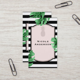 Tropiska blad & elegant modern pineapple randig visitkort