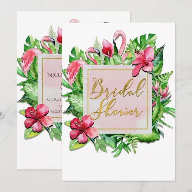 Tropiska blad Flamingos Bröllopsdusch Inbjudan (Fram/baksida)