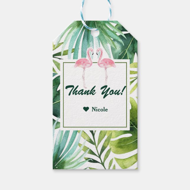 Tropiska blad & flamingos hawaiianskt bröllopsfavo presentetikett (Framsidan)