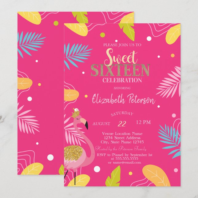 Tropiska blad Flamingos Rosa Sweet 16  Inbjudningar (Fram/baksida)