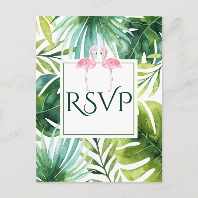 Tropiska blad & flamingos sommarbröllop RSVP Inbjudan Vykort (Framsida)