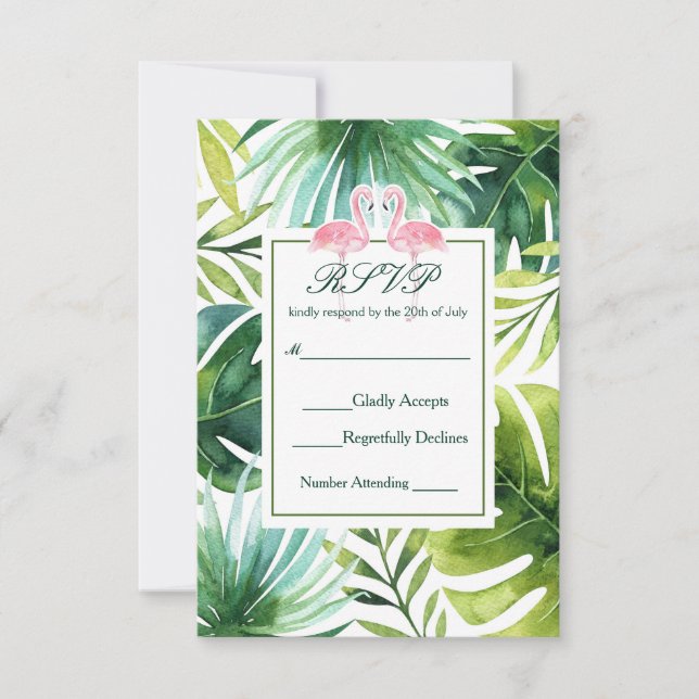 Tropiska blad & flamingos sommarbröllop RSVP OSA Kort (Framsida)