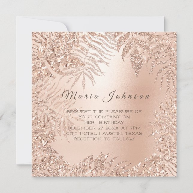 Tropiska Blad Glitter Garden Rosa ros Guld Inbjudningar (Framsida)