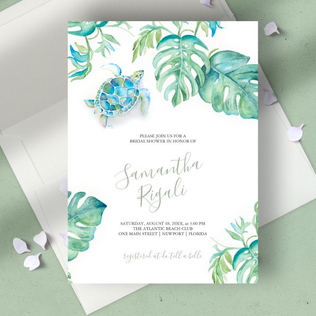 Tropiska blad Havssköldpadda Bröllopsdusch (bridal shower invitation tropical watercolor sea turtle by Victoria Grigaliunas)