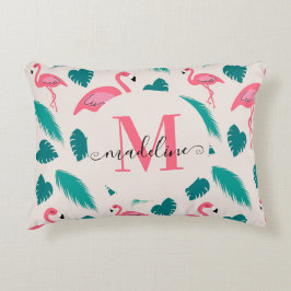 Tropiska blad hetrosa flamingo modernt monogram prydnadskudde