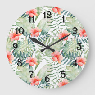 Tropiska blad Hibiskus Blommig Akvarell Stor Klocka