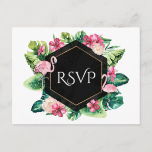 Tropiska blad Hibiskus Flamingos Bröllop RSVP Inbjudan Vykort