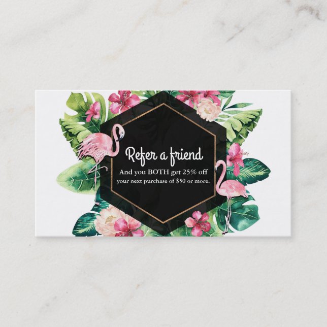 Tropiska blad Hibiskus Flamingos Referera en vän Rabattkort (Framsida)